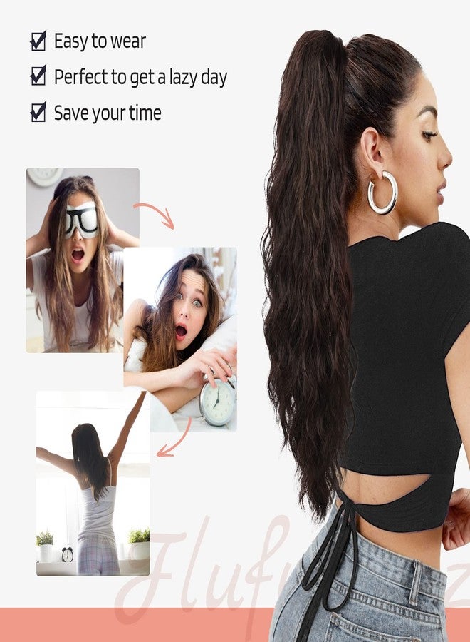 Flufymooz وصلة شعر ذيل حصان من فلوفي موز، 26 بوصة، وصلات شعر ذيل حصان برباط للنساء، ذيل حصان طويل مجعد ومموج، قطعة شعر صناعية مموجة طبيعية للنساء، للاستخدام اليومي والحفلات (بني شوكولاتة داكن) - Image 5